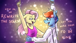 Size: 3840x2160 | Tagged: safe, artist:jellysiek, character:fluttershy, character:rainbow dash, species:anthro, ship:flutterdash, g4, crossover, dancing, female, lesbian, rewrite the stars, shipping, simple background, singing, smiling, the greatest showman