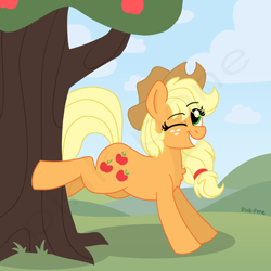 Size: 4000x4000 | Tagged: safe, artist:pink-pone, character:applejack, species:earth pony, species:pony, g4, apple, apple tree, applebucking, applejack's hat, chest fluff, clothing, cloud, cowboy hat, female, food, hat, one eye closed, sky, solo, tree, wink
