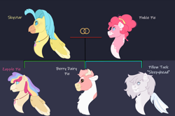 Size: 1280x854 | Tagged: safe, artist:itstechtock, character:pinkie pie, character:princess skystar, oc, oc:berry dairy, oc:sleepyhead, oc:zapple pie, parent:pinkie pie, parent:princess skystar, parents:skypie, species:bat pony, species:cow, species:hippogriff, species:pony, ship:skypie, g4, my little pony: the movie (2017), female, hybrid, interspecies offspring, lesbian, magical lesbian spawn, offspring, shipping