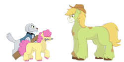 Size: 1280x640 | Tagged: safe, artist:itstechtock, character:li'l cheese, oc, oc:ginger gold, oc:smoky quartz, species:diamond dog, species:earth pony, species:pony, episode:the last problem, g4, my little pony: friendship is magic, male, mouth hold, simple background, stallion, transparent background, wrench