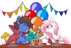 Size: 5760x3908 | Tagged: safe, artist:virtualkidavenue, oc, oc only, oc:bizarre song, oc:sugar morning, g4, balloon, birthday, cake, cape, clothing, couple, eating, food, gift art, gift box, happy, pie, pizza, simple background, transparent background