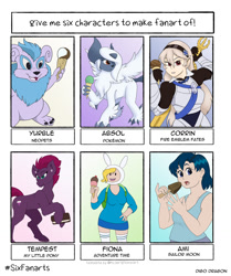 Size: 1072x1280 | Tagged: safe, artist:digoraccoon, character:tempest shadow, species:human, species:pony, species:unicorn, g4, absol, adventure time, broken horn, corrin, crossover, female, fionna the human, fire emblem, horn, ice cream cone, ice cream sandwich, mare, mega absol, neopets, pokémon, rearing, sailor mercury, sailor moon, six fanarts, yurble