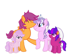 Size: 2732x2048 | Tagged: safe, artist:turnaboutart, character:diamond tiara, character:scootaloo, oc, oc:pearl showers, oc:steadfast sapphire, parent:diamond tiara, parent:scootaloo, species:earth pony, species:pegasus, species:pony, g4, colt, eyes closed, father and child, father and daughter, father and son, female, filly, half r63 shipping, husband and wife, kiss on the cheek, kissing, male, mare, mother and child, mother and daughter, mother and son, offspring, one eye closed, parents:skatiara, rule 63, scooteroll, scootertiara, scootiara, shipping, simple background, stallion, straight, transparent background