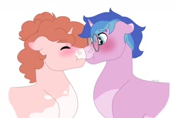 Size: 1280x854 | Tagged: safe, artist:itstechtock, oc, oc only, oc:blueberry tonic, oc:cherry blossoms, species:pony, species:unicorn, g4, blushing, boop, female, glasses, male, mare, noseboop, simple background, stallion, white background
