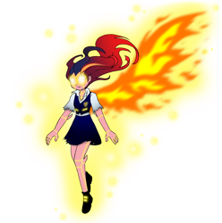 Size: 1048x1056 | Tagged: safe, artist:crydius, oc, oc:gamma, parent:sci-twi, parent:sunset shimmer, parents:scitwishimmer, species:human, g4, my little pony:equestria girls, clothing, fire, glowing horn, horn, humanized, magical lesbian spawn, offspring, robot, simple background, skirt, transparent background, uniform, winged humanization, wings