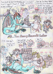 Size: 2064x2904 | Tagged: safe, artist:grimmyweirdy, oc, oc:corro, oc:grim w. stripes, oc:mivera, species:dragon, species:pony, species:zebra, comic:grims weird adventures, g4, alcohol, barrel, belly, big belly, comic, doctor, drinking contest, drunk, laughing, mug, needle, story included, table, tavern, zebra oc