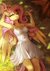 Size: 1980x2800 | Tagged: safe, artist:fidzfox, character:fluttershy, species:anthro, species:pegasus, species:pony, g4, adorasexy, armpits, beautiful, beautisexy, breasts, busty fluttershy, cleavage, clothing, cute, digital art, dress, eyelashes, eyes closed, female, grass, lying down, mare, on back, open mouth, sexy, shyabetes, smiling, solo, sundress