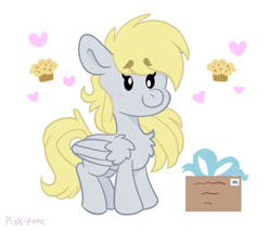 Size: 1915x1632 | Tagged: safe, artist:pink-pone, character:derpy hooves, species:pegasus, species:pony, g4, blushing, box, chest fluff, chibi, food, muffin, simple background, solo, white background