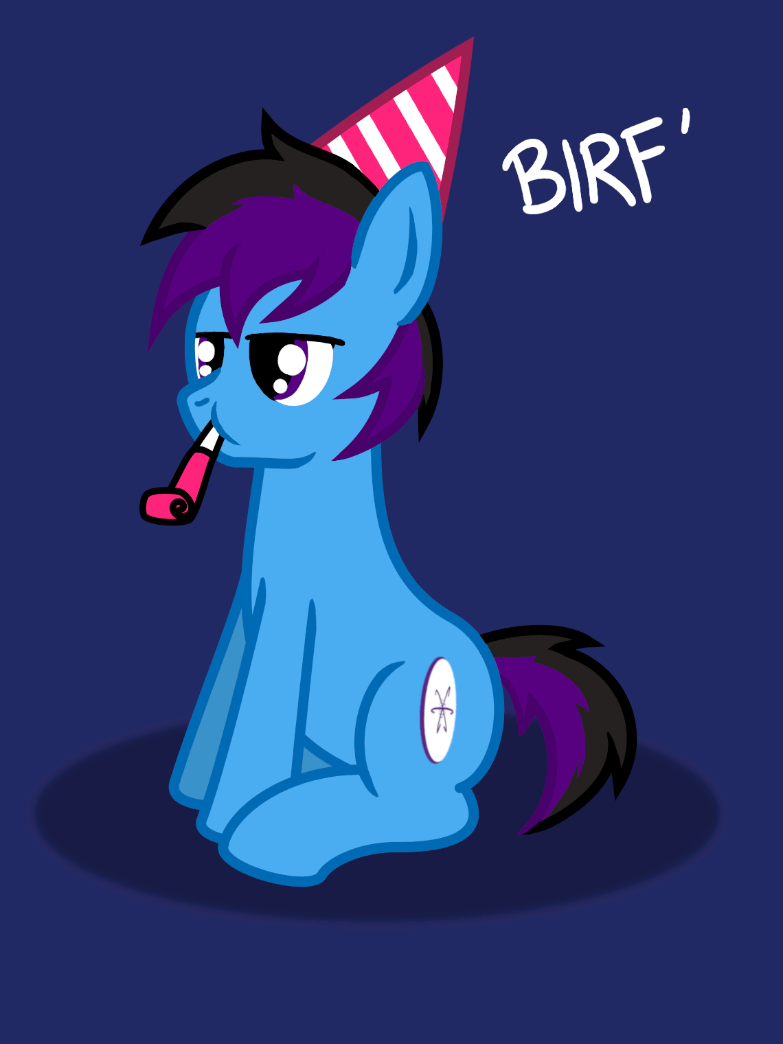 Size: 1140x1520 | Tagged: safe, artist:banquo0, oc, oc:banquo, species:earth pony, species:pony, g4, animated, birthday, blinking, clothing, gif, hat, noisemaker, party hat, party horn, solo