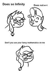 Size: 700x944 | Tagged: safe, artist:velgarn, character:applejack, character:rarity, species:earth pony, species:pony, species:unicorn, episode:look before you sleep, g4, my little pony: friendship is magic, 2 panel comic, clothing, comic, cowboy hat, dialogue, fancy mathematics, funny, hat, math, simple background, white background
