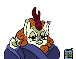 Size: 900x694 | Tagged: safe, artist:velgarn, character:autumn blaze, species:kirin, g4, autumn blaze's puppet, beer can, blanket, comfy, drawthread, funny, hooves, kirin beer, kirin beer is pee, requested art, simple background, solo, twig, white background
