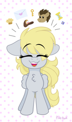Size: 1927x3260 | Tagged: safe, artist:pink-pone, character:derpy hooves, character:doctor whooves, character:time turner, g4, chest fluff, clothing, cute, derpabetes, eyes closed, favorite things, food, happy, hat, key, mail, muffin, weapons-grade cute
