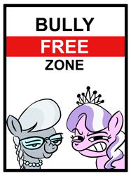 Size: 1000x1339 | Tagged: safe, artist:velgarn, character:diamond tiara, character:silver spoon, species:earth pony, species:pony, /mlp/, g4, bully, drawthread, glasses, grin, jewelry, looking at you, mega smug, necklace, parody, requested art, sign, simple background, smiling, smug, snickering, tiara, white background