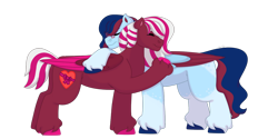 Size: 1280x640 | Tagged: safe, artist:itstechtock, oc, oc only, oc:love ribbons, oc:ruby, species:pegasus, species:pony, g4, female, hug, mare, simple background, transparent background, two toned wings, wings