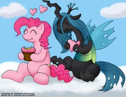 Size: 800x617 | Tagged: safe, artist:digoraccoon, character:pinkie pie, character:queen chrysalis, :t, changeling feeding, chryssie pie, cute, cutealis, eating, eyes closed, female, heart, lesbian, shipping, smiling