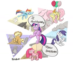 Size: 1400x1197 | Tagged: safe, artist:cider, character:angel bunny, character:applejack, character:fluttershy, character:pinkamena diane pie, character:pinkie pie, character:rainbow dash, character:rarity, character:twilight sparkle, episode:magical mystery cure, g4, my little pony: friendship is magic, balloon, bear, mane six, rain, swapped cutie marks