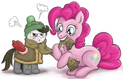 Size: 800x516 | Tagged: safe, artist:gor1ck, character:pinkie pie, character:pound cake, boots, clothing, coat, hat, jacket, overprotective, scarf, wing gloves, winter outfit