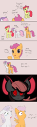 Size: 800x2700 | Tagged: safe, artist:posexe, artist:quarium, character:apple bloom, character:scootaloo, character:sweetie belle, species:earth pony, species:pegasus, species:pony, species:unicorn, bad end, black background, blanked apple bloom, comic, creepy mark, cutie mark crusaders, female, filly, pink background, red eyes, simple background, story of the blanks