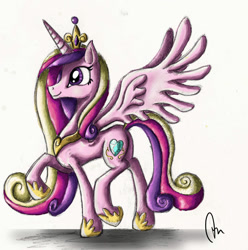 Size: 800x808 | Tagged: safe, artist:asadama, character:princess cadance, species:alicorn, species:pony, female, mare, profile, signature, simple background, smiling, solo, walking, white background