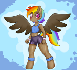 Size: 1280x1167 | Tagged: safe, artist:basketgardevoir, character:rainbow dash, species:anthro, species:unguligrade anthro, ambiguous facial structure, belly button, clothing, female, midriff, solo, sweat, tank top