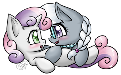 Size: 1024x631 | Tagged: safe, artist:diigii-doll, character:silver spoon, character:sweetie belle, ship:silverbelle, blushing, female, glasses, lesbian, shipping