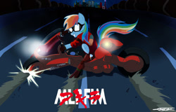 Size: 1280x817 | Tagged: safe, artist:willisninety-six, character:rainbow dash, species:pegasus, species:pony, akira, boots, city, clothing, crossover, female, goggles, highway, mare, motorcycle, shoes, signature, solo