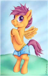 Size: 1200x1890 | Tagged: safe, artist:ratwhiskers, character:scootaloo, species:pegasus, species:pony, belly button, boxers, clothing, partial nudity, swimsuit, topless