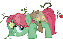 Size: 4432x2704 | Tagged: safe, artist:jittery-the-dragon, oc, oc only, oc:sunshine dust, species:earth pony, species:pony, apple, bag, clothing, confident, female, flower, food, freckles, gritted teeth, happy, looking back, mare, saddle bag, simple background, smiling, solo, transparent background