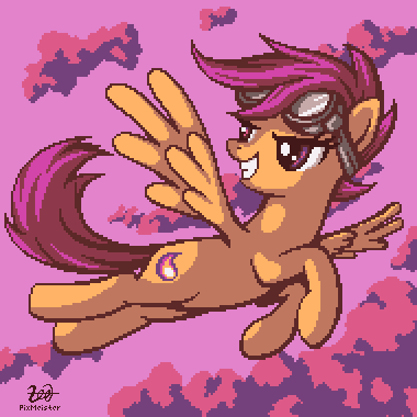 Size: 380x380 | Tagged: dead source, safe, artist:pix3m, character:scootaloo, species:pegasus, species:pony, alternate cutie mark, cloud, female, flying, goggles, grin, mare, older, pixel art, signature, smiling, solo