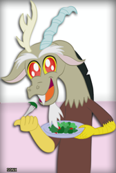 Size: 1095x1627 | Tagged: safe, artist:senx, character:discord, species:draconequus, cute, discute, eating, food, looking at you, male, open mouth, salad, signature, smiling, smiling at you, solo