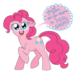 Size: 535x492 | Tagged: safe, artist:ponycide, character:pinkie pie, dialogue, female, floppy ears, heart eyes, looking at you, open mouth, positive message, positive ponies, solo, speech bubble, talking to viewer, wingding eyes