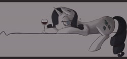 Size: 1947x900 | Tagged: dead source, safe, artist:berrydrops, character:rarity, species:pony, species:unicorn, bedroom eyes, female, glass, mare, prone, solo, wine