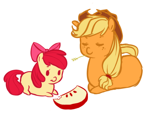Size: 500x400 | Tagged: dead source, safe, artist:xarakayx, character:apple bloom, character:applejack, species:earth pony, species:pony, adorabloom, animated, apple, apple slice, bean bag pony, bow, chewing, clothing, cute, eating, eyes closed, female, filly, food, freckles, fruit, hair bow, hat, herbivore, mare, munching, simple background, sisters, white background