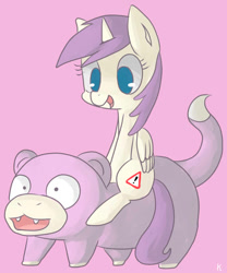 Size: 897x1077 | Tagged: dead source, safe, artist:berrydrops, character:alula, character:pluto, character:princess erroria, species:alicorn, species:pony, species:unicorn, crossover, duo, female, filly, mare, pink background, pluto, pokémon, ponies riding pokémon, riding, simple background, slowpoke (pokémon)