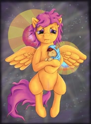Size: 1000x1359 | Tagged: safe, artist:ratwhiskers, character:scootaloo, oc, oc:lightning blitz, parent:rain catcher, parent:scootaloo, parents:catcherloo, species:pegasus, species:pony, motherly scootaloo, baby, baby pony, colt, crying, holding a pony, male, messy mane, mother and son, newborn, offspring, older, older scootaloo, scar