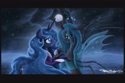 Size: 3307x2199 | Tagged: safe, artist:willisninety-six, character:princess luna, character:queen chrysalis, species:alicorn, species:changeling, species:pony, ship:chrysaluna, female, lesbian, moon, shipping