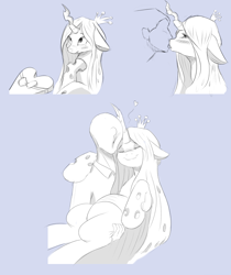 Size: 840x1000 | Tagged: dead source, safe, artist:jalm, character:queen chrysalis, oc, oc:anon, species:human, species:pony, blushing, carrying, eyes closed, floppy ears, holding a pony, hug, human on pony action, kissing, shipping, sketch dump, smiling