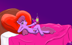 Size: 3174x2000 | Tagged: dead source, safe, artist:reikomuffin, character:berry punch, character:berryshine, species:earth pony, species:pony, g4, alcohol, bed, crossed legs, female, high res, looking at you, mare, on back, solo, wine