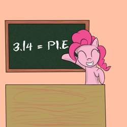 Size: 1000x1000 | Tagged: dead source, safe, artist:reikomuffin, character:pinkie pie, species:earth pony, species:pony, g4, chalkboard, eyes closed, female, happy, mare, math, pi, pinkie pi, pun, smiling, solo