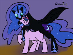 Size: 800x609 | Tagged: safe, artist:omnifob, character:nightmare moon, character:princess luna, character:twilight sparkle, species:pony, ship:twimoon, 30 minute art challenge, bipedal, blank flank, eyes closed, female, hug, hug from behind, kissing, lesbian, raised hoof, shipping, spread wings, wings