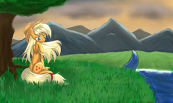 Size: 2009x1195 | Tagged: dead source, safe, artist:reikomuffin, character:applejack, species:earth pony, species:pony, g4, female, loose hair, mare, mountain, mountain range, photoshop, river, sitting, solo, tree, water