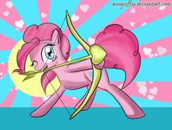 Size: 1446x1098 | Tagged: dead source, safe, artist:reikomuffin, character:pinkie pie, species:earth pony, species:pony, g4, abstract background, arrow, bow (weapon), cupid, female, heart, mare, mouth hold, one eye closed, solo, weapon