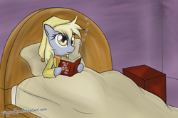 Size: 2292x1533 | Tagged: dead source, safe, artist:reikomuffin, character:derpy hooves, species:pegasus, species:pony, g4, bed, book, clothing, eyes open, female, hat, mare, nightcap, sleeping, solo