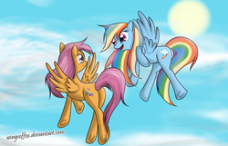 Size: 2302x1479 | Tagged: dead source, safe, artist:reikomuffin, character:rainbow dash, character:scootaloo, species:pegasus, species:pony, g4, adult, duo, duo female, eye contact, female, flying, looking at each other, mare, older, older scootaloo, scootaloo can fly, sky, sun, underhoof