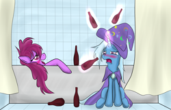 Size: 2284x1461 | Tagged: dead source, safe, artist:reikomuffin, character:berry punch, character:berryshine, character:trixie, species:earth pony, species:pony, species:unicorn, g4, alcohol, bath, bathroom, blushing, bottle, drunk, drunk trixie, female, mare, messy mane, party, sitting, the great and alcoholics trixie