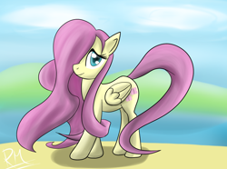 Size: 1348x1002 | Tagged: dead source, safe, artist:reikomuffin, character:fluttershy, species:pegasus, species:pony, g4, female, hair over one eye, mare, smiling, solo
