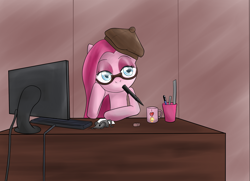 Size: 1849x1338 | Tagged: dead source, safe, artist:reikomuffin, character:applejack, character:pinkamena diane pie, character:pinkie pie, species:earth pony, species:pony, beret, clothing, computer, desk, eraser, female, glasses, hat, mare, mouth drawing, mouth hold, mug, pen