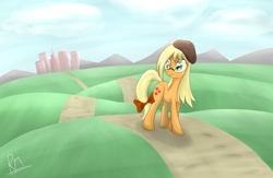 Size: 2299x1500 | Tagged: dead source, safe, artist:reikomuffin, character:applejack, species:earth pony, species:pony, alternate hairstyle, beret, female, glasses, loose hair, mare, road, solo, tail bow