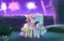 Size: 2299x1482 | Tagged: dead source, safe, artist:reikomuffin, character:bon bon, character:lyra heartstrings, character:sweetie drops, species:earth pony, species:pony, species:unicorn, ship:lyrabon, blushing, clothing, dress, female, fireworks, gala dress, hair bow, lesbian, mare, night, shipping