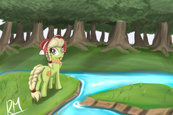 Size: 2252x1491 | Tagged: dead source, safe, artist:reikomuffin, character:granny smith, species:earth pony, species:pony, everfree forest, female, filly, forest, looking back, solo, water, young granny smith, younger